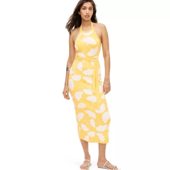 Diane von Furstenberg Yellow halter top maxi dress size medium ginkgo leafs - Picture 1 of 9